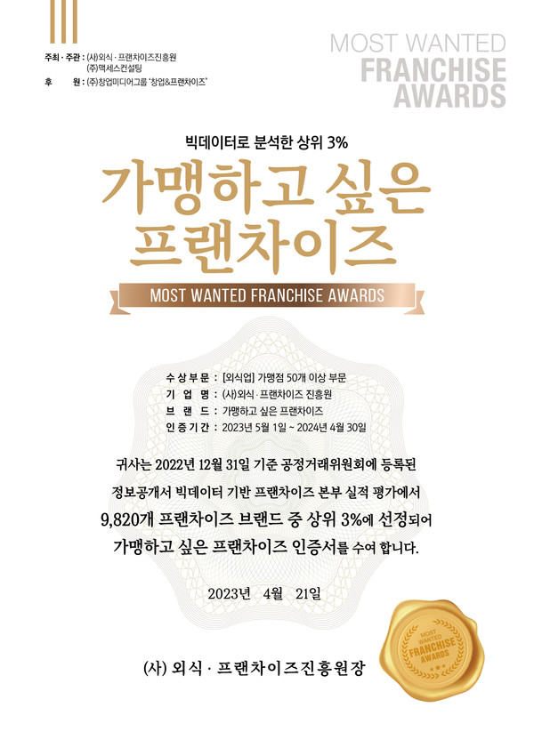 맛찬들왕소금구이는 한 개 브랜드에 집중해 운영한 노하우집약도를 인정받아 ‘가맹하고 싶은 프랜차이즈’에 6년 연속 선정됐다.